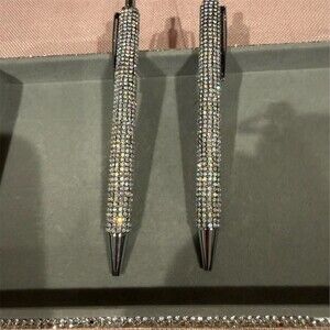 Set of 2 Rhinestone Bling Ballpoint Pens Silver Crystal Sparkle Click Pens